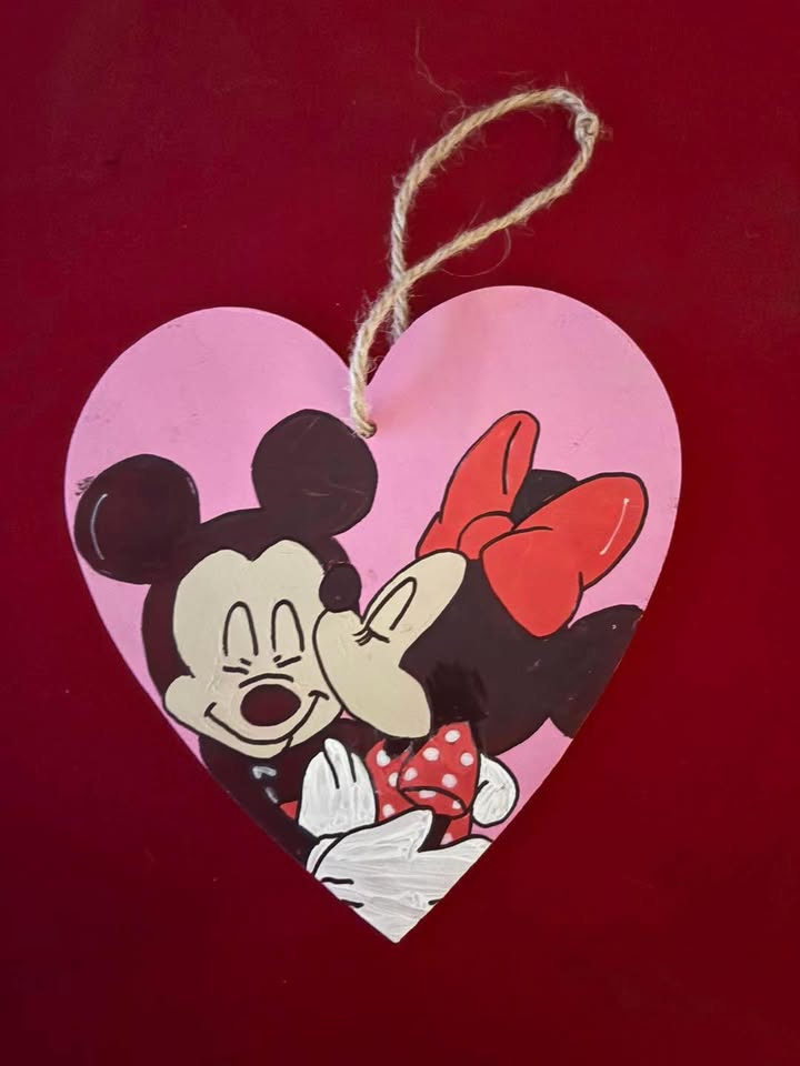 Handmade Mickey & Minnie Mouse Wooden Hanging Love Heart